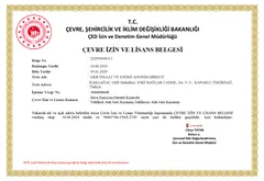 ÇEVRE İZİN VE LİSANS BELGESİ sertifikası